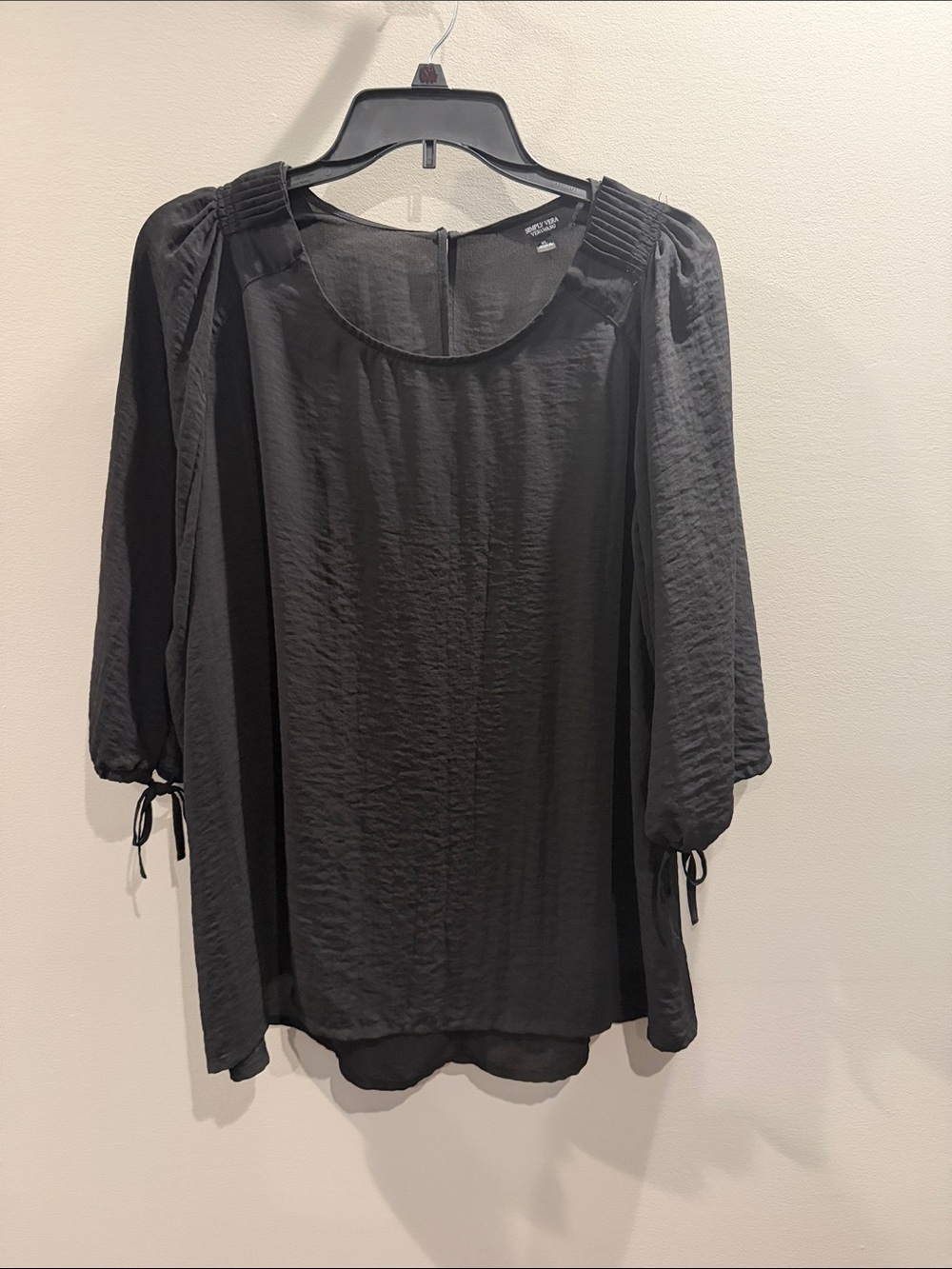 Simply Vera Vera Wang Black Smocked-Shoulder Tie Sleeve Blouse